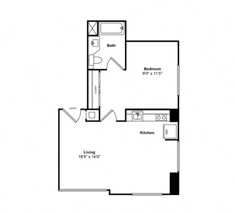 Floor plan for 1 bed, 1 bath, 553 sqft